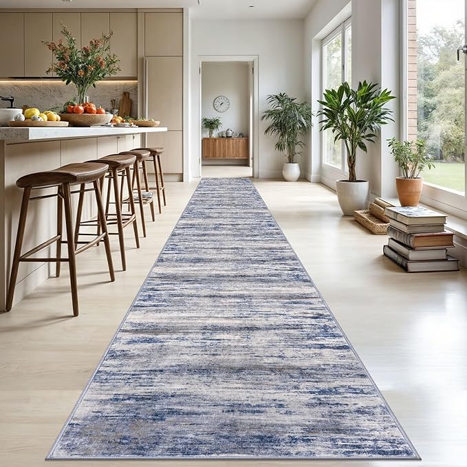 KOZYFLY Modern Abstract Washable Long Rug Runner 2.6x20 Hallway Rug Runner Non-Slip Soft Stair Runners, Grey-Blue Striped 20 feet Runner Rug for Kitchen Entryway Bathroom Laundry Room Foyer