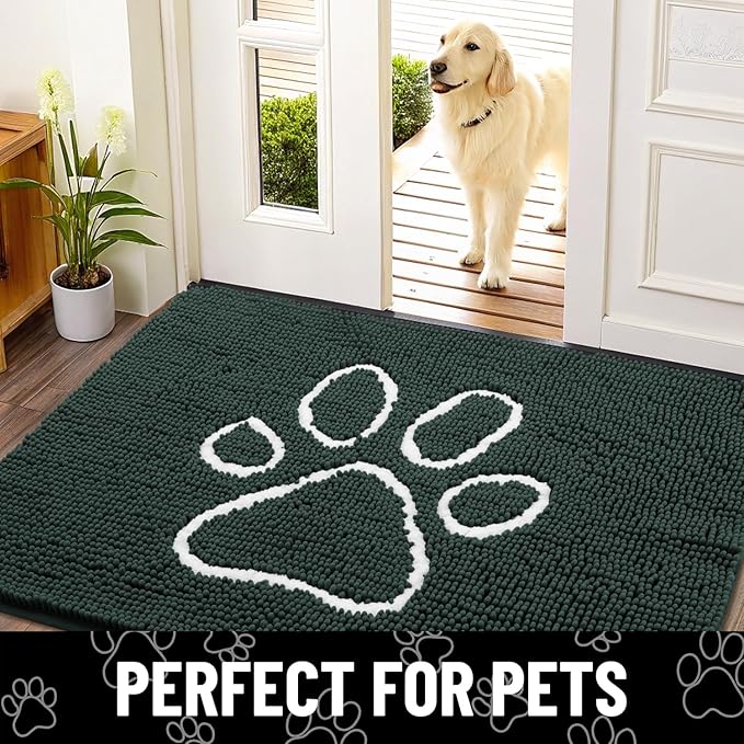 Smiry Dog Door Mat for Muddy Paws, Absorbent Dirt Trapper Non Slip Quick Dry Washable Chenille Mat for Mud Dogs, Entry Rug for Indoor and Outdoor (70x24 Inches, Green and White)