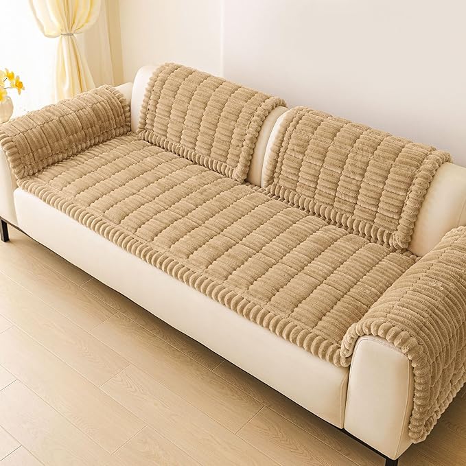 hyha Couch Covers for Dogs Washable, Non Slip Plush Dog Sofa Protectors, Fuzzy Pet Couch Covers for 3 Cushion Sofa Pet Friendly (Camel, 27.6" x 82.7")