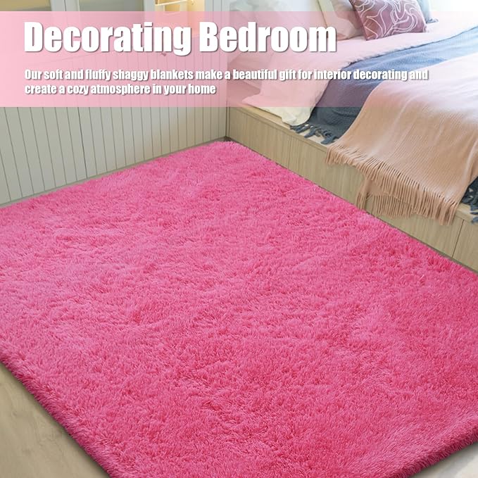 Shag Area Rug for Bedroom 5x8,Fluffy Area Rugs for Living Room,Soft Fuzzy Rug Non-Shedding Indoor Plush Carpet for Kids Bedroom Nursery Dorm Home Decor,Hot Pink