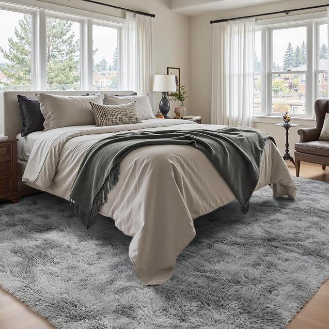 8x10 Ft Extra Large Shag Rugs for Living Room, Tie Dyed Ultra Soft Fluffy Furry Area Rugs for Bedroom Indoor Floor, Aesthetic Carpet for Kids Home Decor (Grey)
