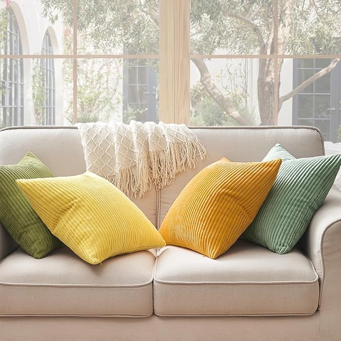 Topfinel Euro Shams Decorative Throw Pillow Covers 26x26 Inch Set of 4,Oversized Large Cushion Cases for Couch Sofa,Living Room,Corduroy Yellow Green Summer Home Decor