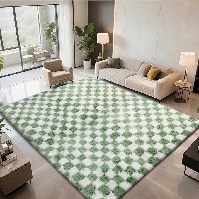 Large Area Rugs for Living Room Bedroom,9x12 Green and White Fluffy Soft Checkered Rug Fuzzy Shag Shaggy Carpet, Indoor Plush Floor Rugs for Kids Boys Girls Teen Dorm Nursery Home Decor