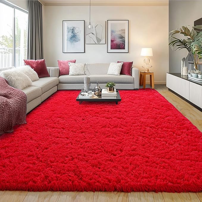Pionblank 9x12 Area Rug for Living Room, Shag Large Rug for Bedroom, Soft Furry Non Slip Carpet for Kids Room Nursery Teens Dorm Home Decor, Red