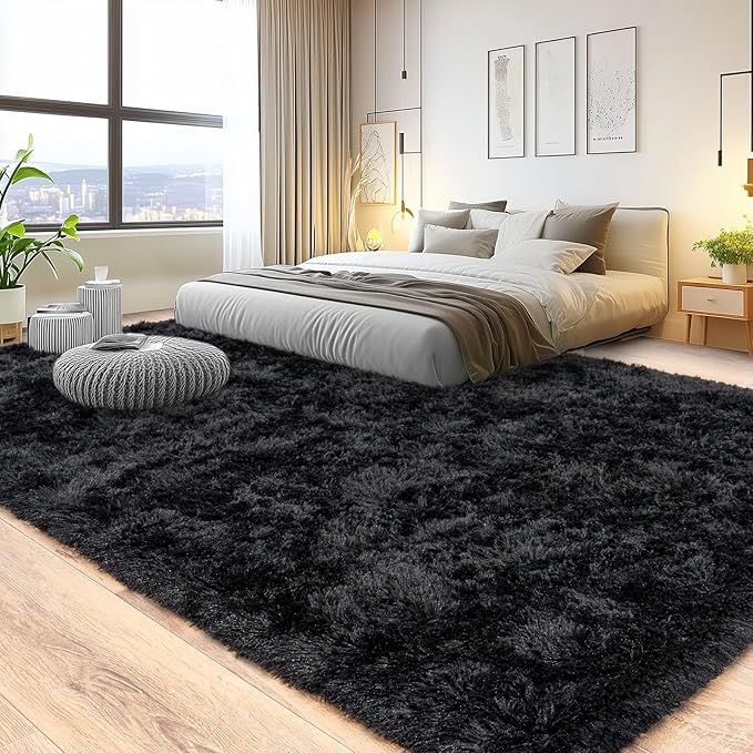 Pionblank Large Area Rug for Living Room 10x14, Fuzzy Modern Shag Rug, Fluffy Plush Non Slip Soft Furry Carpet for Bedroom Kids Room Nursery Teens Dorm Home Decor, Black