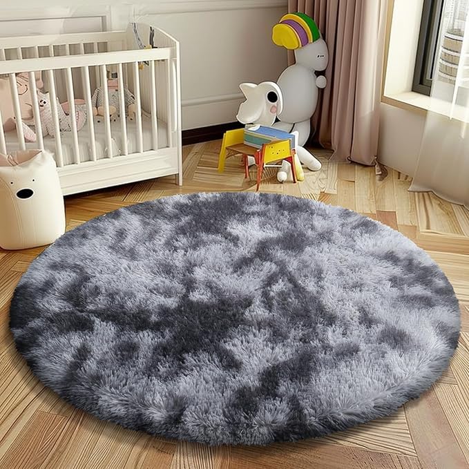 Super Soft Circle Rugs for Girls Princess Castle Toddlers Play Tent 5 Diameter Area Rugs for Kids Bedroom Baby Room Decor Round Shag Carpets(Φ5, Dark Grey Tie-Dyed)