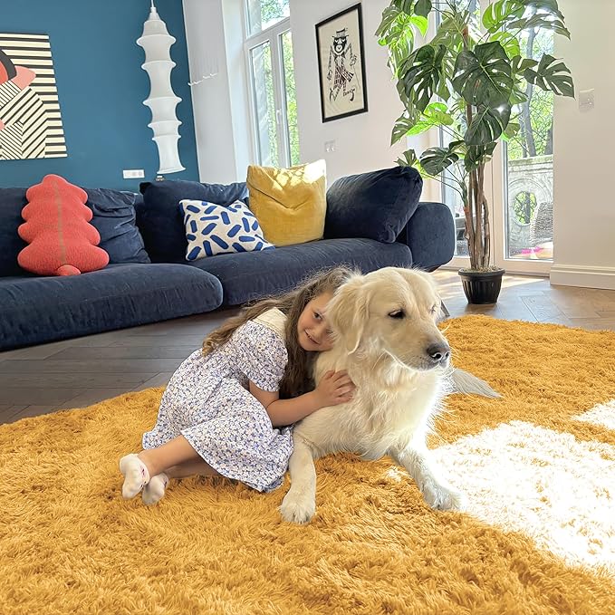 OLANLY 3x5 Machine Washable Small Bedside Rug, Soft Fluffy Shaggy Rugs for Living Room, Bedroom, Indoor Floor Carpet for Kids Girls and Boys, Preppy Dorms, Nursery, Home Decor, Mustard Yellow