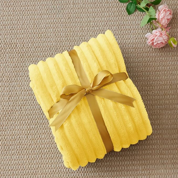 BEDELITE Twin Blanket for Couch & Bed, 300GSM Soft & Warm Fleece Blanket, Decorative and Giftable Striped Custard Yellow Blankets for Women, Men, 60"x80"
