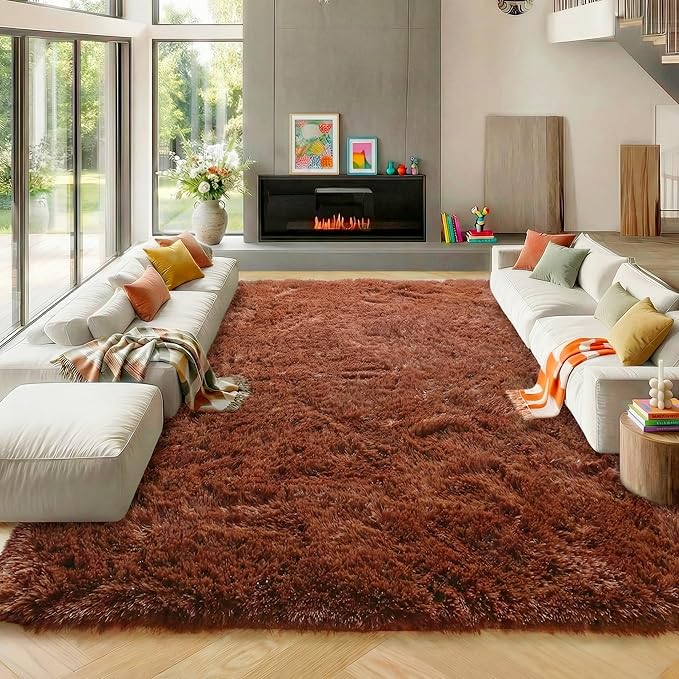 ONASAR Brown 8x10 Area Rugs for Living Room, Large Fluffy Shag Bedroom Rug, Soft Plush Thick Shaggy Big Floor Carpet for Kids Boy and Girls Teen Dorm Nursery Indoor Home Decor Aesthetic