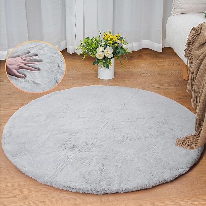 ORINOVA Grey Round Rug 3ft Machine Washable Shaggy Area Rugs for Living Room Faux Bunny Fluffy Fur Rug for Bedroom Small Circle Nursery Rug