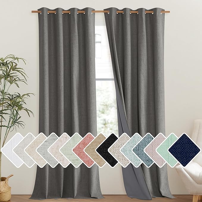 NICETOWN Grizzle Gray Vintage Linen 100% Blackout Curtains for Living Room, Thermal Insulated Curtains 120" Long, Noise Reducing Window Treatment Drapes for Hall Room, 52" Wide Per Panel, Set of 2