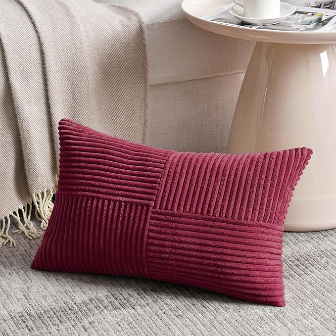 Fancy Homi 2 Packs Burgundy Lumbar Decorative Throw Pillow Covers 12x20 Inch for Living Room Couch Bed, Christmas Boho Home Decor, Soft Striped Corduroy Rectangle Accent Cushion Case 30x50 cm