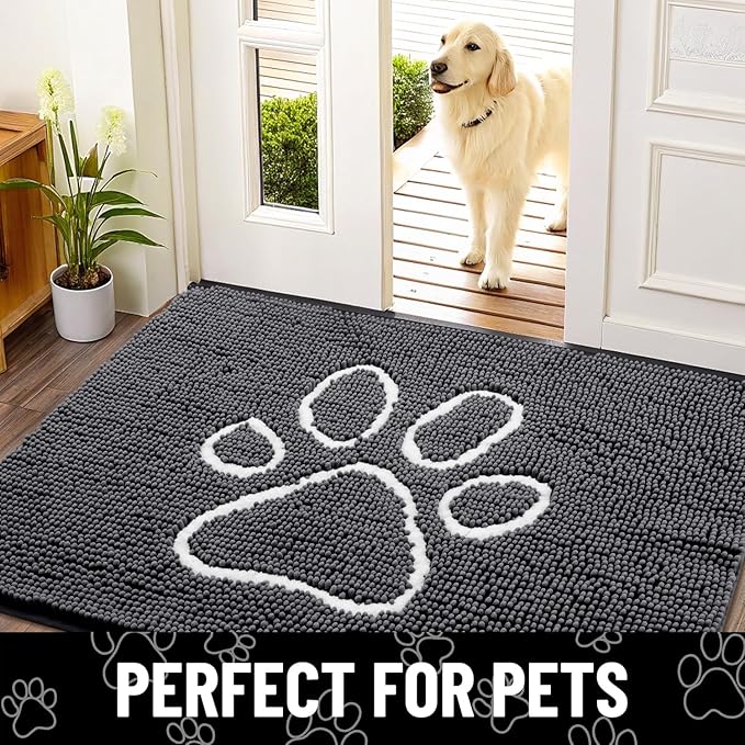 Smiry Dog Door Mat for Muddy Paws, Absorbent Dirt Trapper Non Slip Quick Dry Washable Chenille Mat for Mud Dogs, Entry Rug for Indoor and Outdoor (24x16 Inches, Dark Grey and White)