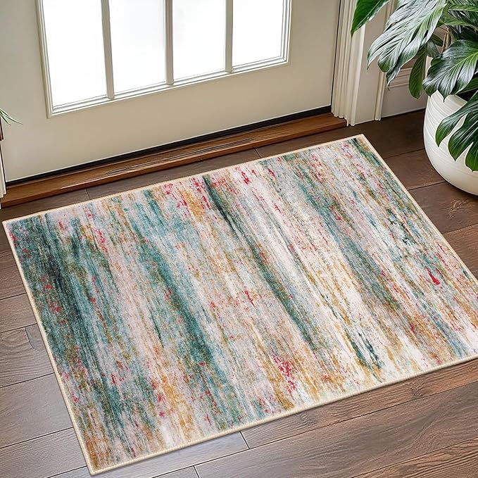 KOZYFLY Modern Abstract Small Area Rugs, 2x3 Washable Kitchen Rug Non-Slip Soft Small Bathroom Rug, Green Striped Entryway Rugs Abstract Print Faux Wool Doormat for Bedside Entrance Bedroom Sink