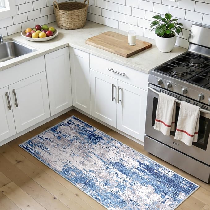 Washable Area Rugs 2'x5' Non-Slip Modern Abstract Soft for Living Room Entryway Bedroom Nursery, Print Pattern, Blue Grey Navy Gray