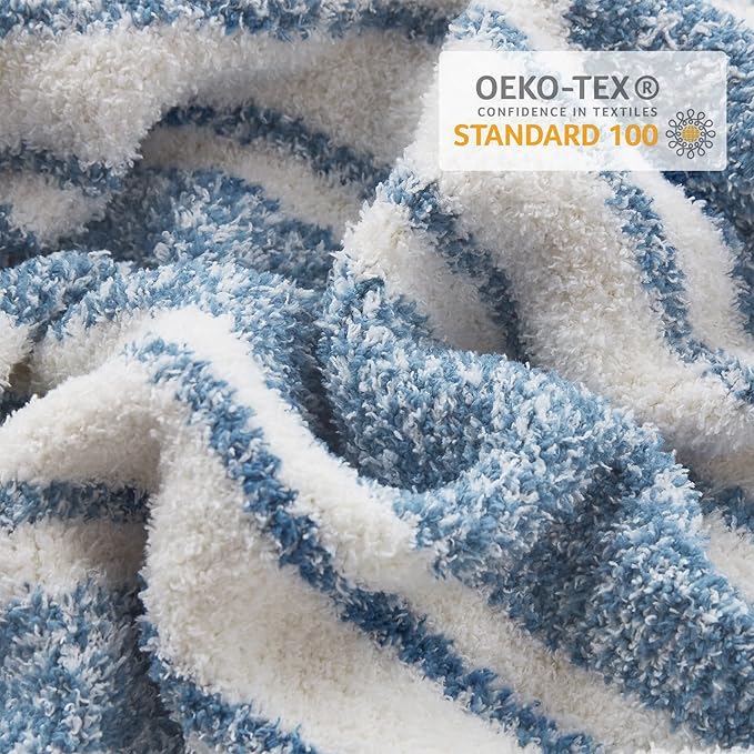 Snuggle Sac Knitted Throw Blanket for Couch, Reversible Super Soft Microfiber Blankets Warm Cozy Knit Fuzzy Plush Lightweight Throws for Sofa, Bed, Camping, Picnic, Stripe Blue, 50 x 60 inches