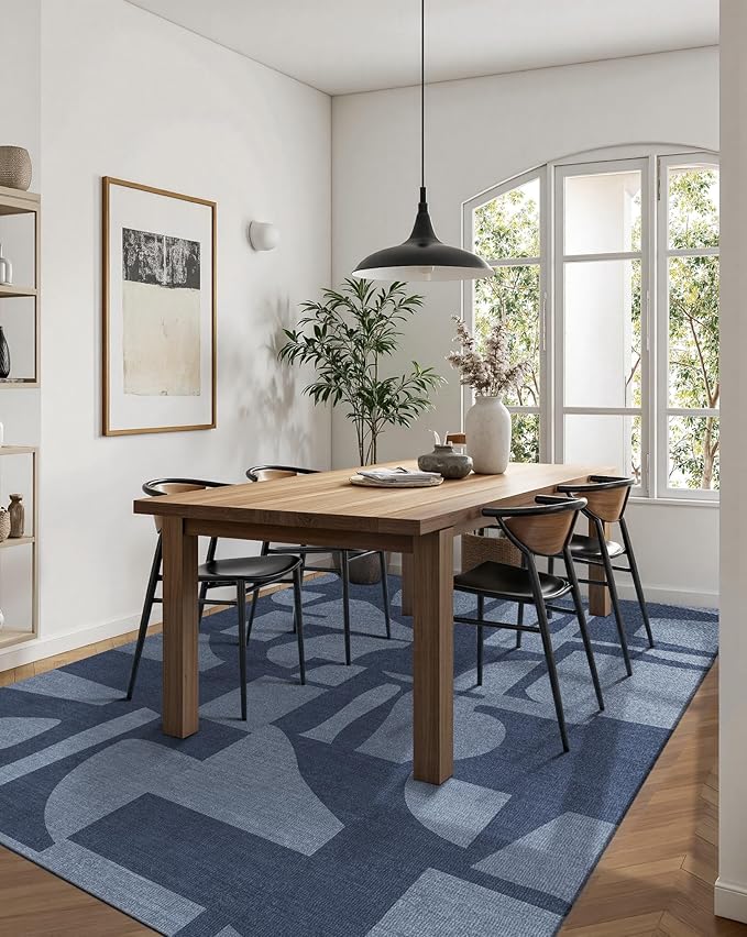 Latte&Fog 5x7 Area Rugs for Living Room Bedroom, Modern Abstract Washable Rug, Boho Non Slip Low Pile Carpet for Indoor Dining Room, Dorm, Classroom, College Dorm, Farmhouse and Kids Room - Navy Blue