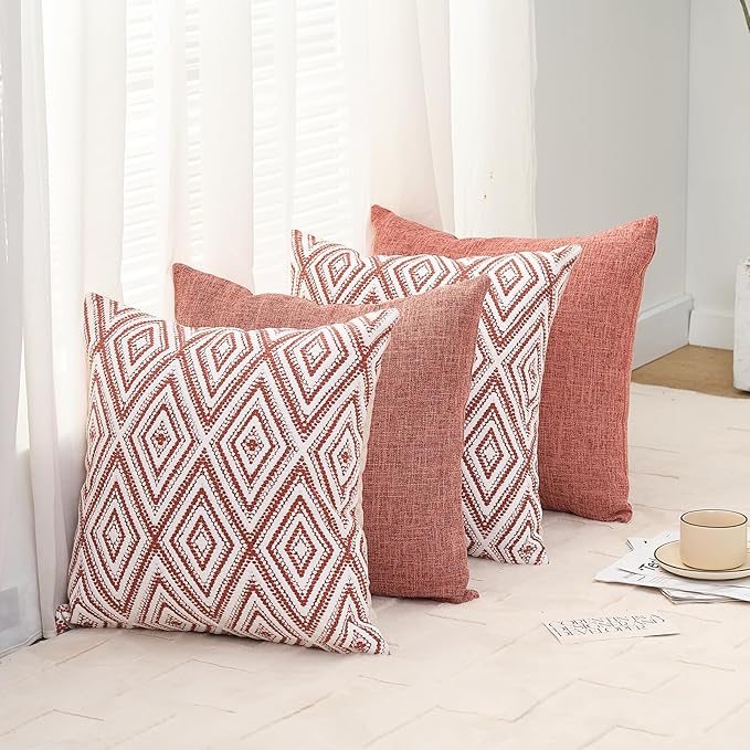 HPUK Decorative Throw Pillow Covers Set of 4 Geometric Design Linen Cushion Cover for Couch Sofa Living Room, 18"x18" inches, Coral