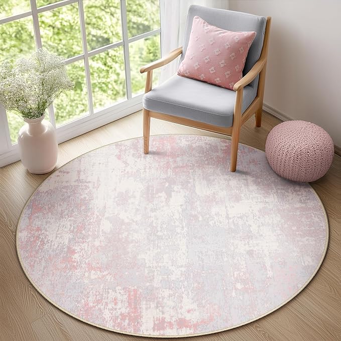 Washable Area Rugs 4ft Non-Slip Modern Abstract Soft for Living Room Entryway Bedroom Nursery, Print Pattern, Grey Pink