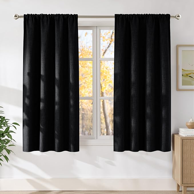 NICETOWN Black Faux Linen Room Darkening Rod Pocket Curtains 63 inch Length, W42 x L63, Light Blocking Thermal Insulated Noise Reducing Drapes for Bedroom Living Room Farmhouse Decor, 2 Panels