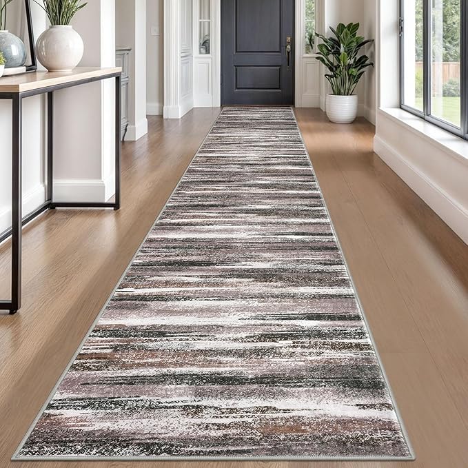Lansny Modern Abstract Runner Rug 2.6x18, Dark Light Brown White Washable Long Kitchen Runner Non-Slip Soft Hallway Rug Runner Thin Print Faux Wool Carpet for Entryway Bedroom Laundry Room Indoor