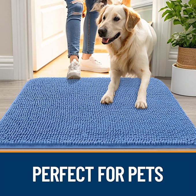 OLANLY Dog Door Mat for Muddy Paws 40x32, Absorbs Moisture and Dirt, Absorbent Non-Slip Washable Doormat, Quick Dry Chenille Mud Mat, Entry Indoor Entryway Carpet for Inside Floor, Cornflower Blue