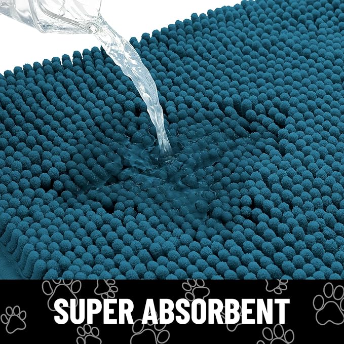 Smiry Dog Door Mat for Muddy Paws, Absorbent Dirt Trapper Non Slip Quick Dry Washable Chenille Mat for Mud Dogs, Entry Rug for Indoor and Outdoor (59x24 Inches, Atlantic Blue and White)