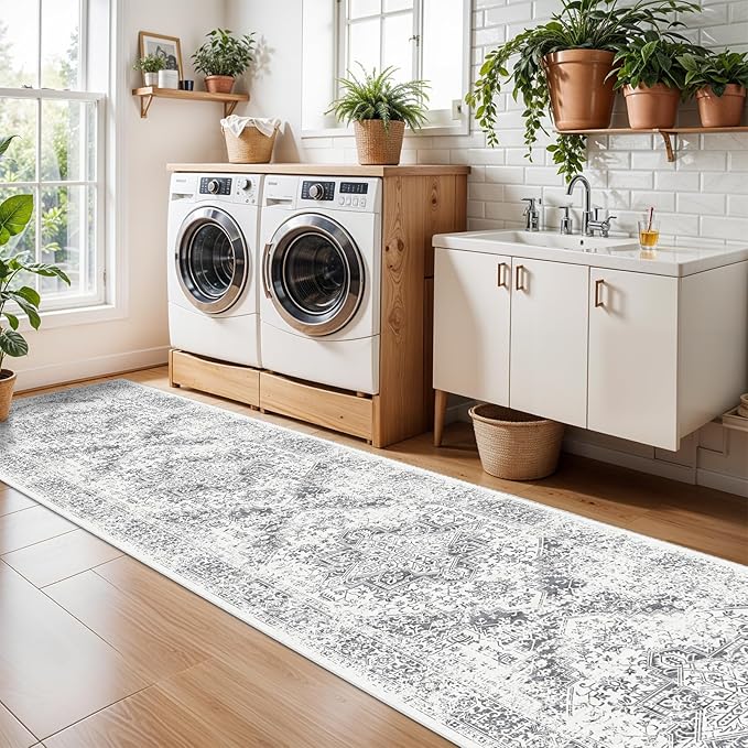 Washable 2'6''x14' Runner Rug - Non-Slip Vintage Runner Rug for Entryway Low-Pile Medallion Long Rugs for Hallway Waterproof Traditional Indoor Thin Rug for Kitchen (Grey)