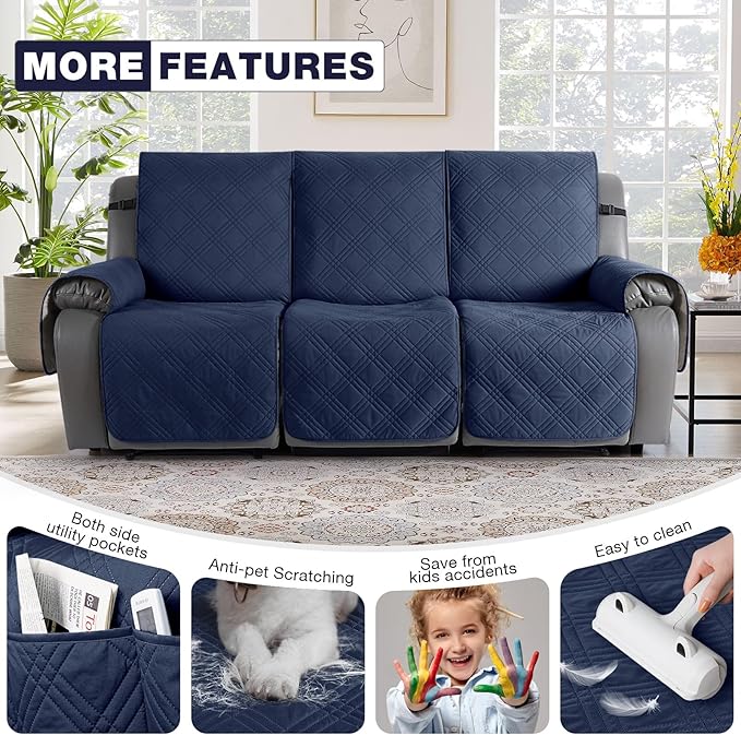 TAOCOCO 100% Waterproof Recliner Sofa Covers 3 Seater, Split Couch Covers for Reclining Couches for Kids Pets, Non Slip Reclining Couch Covers Furniture Protector with Straps(3 Seater, Navy Blue)
