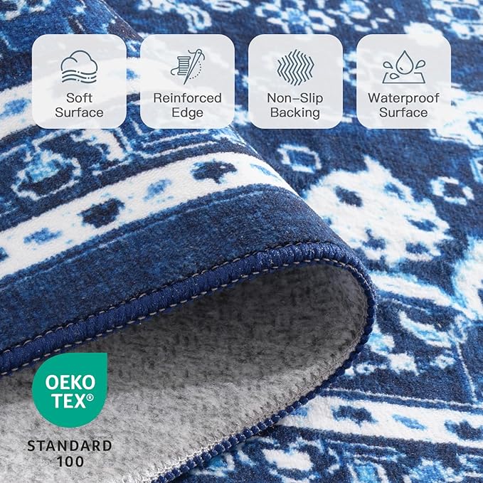 Lofus 8x10 Area Rugs for Living Room, Machine Washable Non-Slip Area Rug, Low Pile Large Rugs for Bedroom, Kitchen, Dining Room, Home Office, Vintage Oriental Print Rug, Dark Blue with White