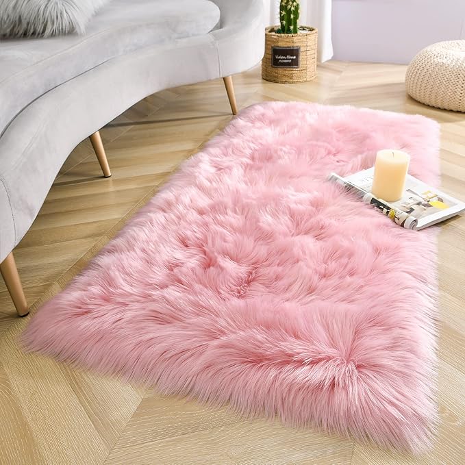LOCHAS Soft Fluffy Faux Fur Rugs for Bedroom Bedside Rug 2x4 Feet, Washable, Furry Sheepskin Area Rug for Living Room Girls Room, Luxury Shag Carpet Home Decor, Pink