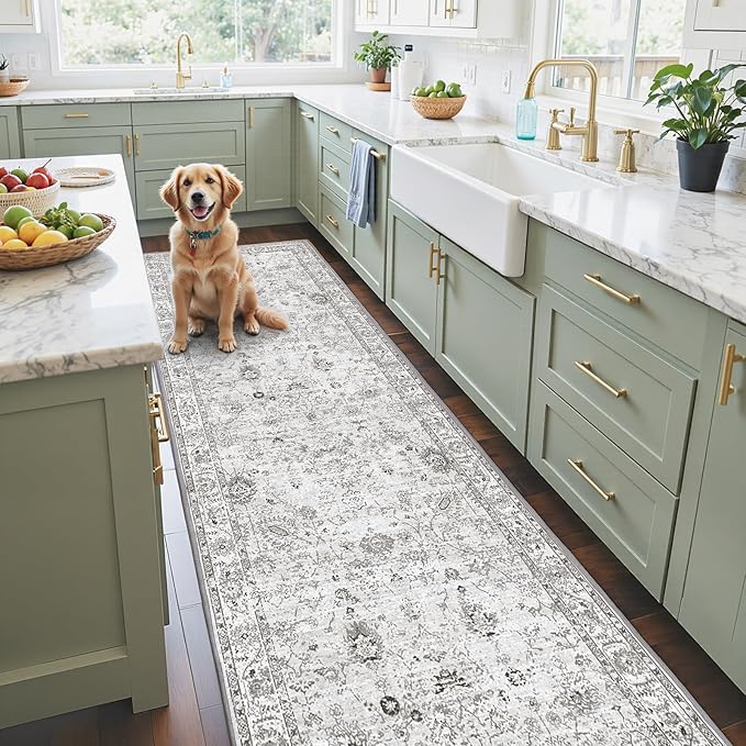 Grey Rug for Hallways Kitchen Rug 2x8, Non Slip Washable Rugs with Rubber Backing Soft Floral Carpet Runner for Hallways, Kitchen, Laundry, Bedroom, Bathroom (2 x 8, Grey)