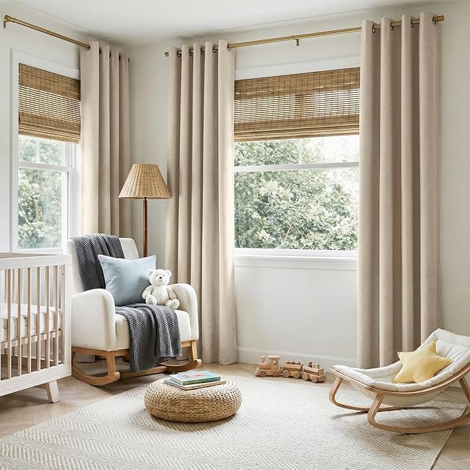 100% Blackout Shield Linen Blackout Curtains for Bedroom, Natural Flax Grommet Curtains for Living Room, Thermal Insulated Room Darkening Drapes for Nursery, Boho Home Decor, 50" W x 108" L, 2 Panels