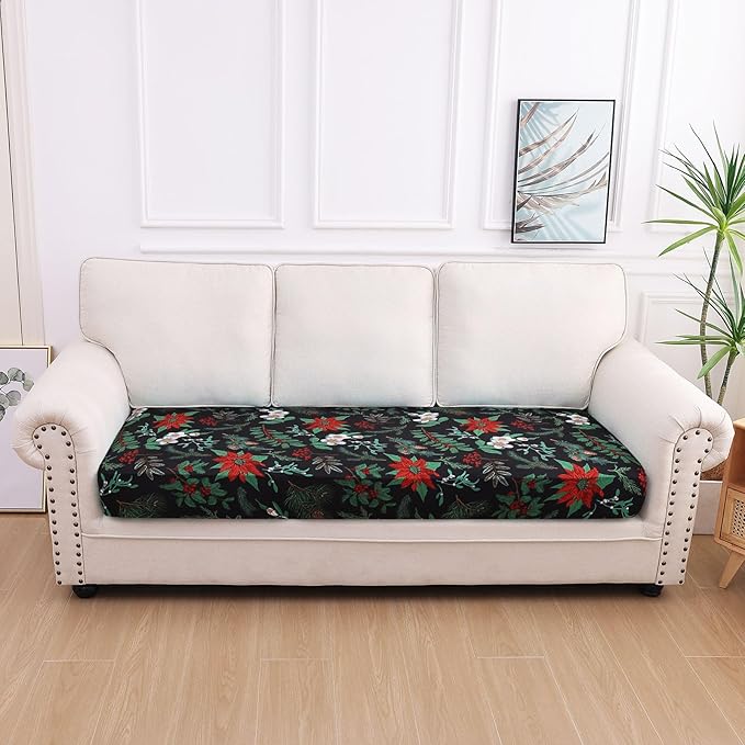 hyha Printed Couch Cushion Covers, Floral Sofa Covers Washable for 3 Cushion Couch, Stretch Pattern Outdoor Cushion Covers for Patio Furniture with Elastic Bottom(Large, Christmas Botanical)