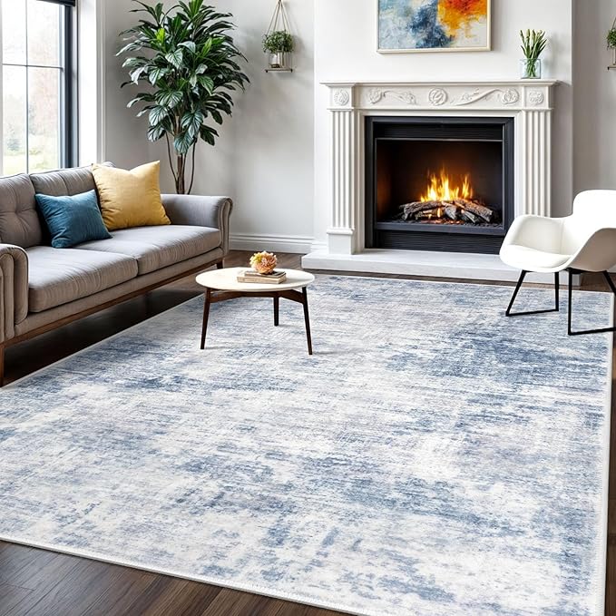 IOHOUZE Abstract Area Rugs 6x9 Ft Washable Rugs for Living Room, Non Slip Dining Room Rug, Printed Faux Wool Rugs for Bedroom, Floor Carpet for Office Nursery Playroom, Light Blue Grey
