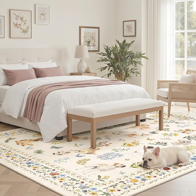 Dog 5x7 Area Rugs for Living Room, Machine Washable Animal Floral Vintage Rug Non-Slip Low Pile Soft Throw Rugs for Kitchen Dining Room Bedroom Nursery Playroom (5 x 7,Beige)