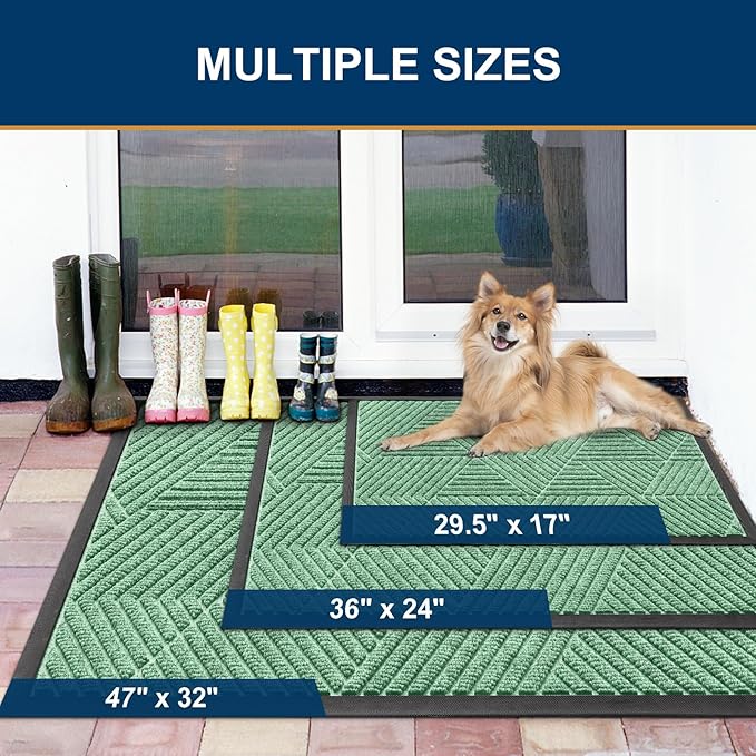 Smiry Front Door Mat Outside Entrance, Heavy Duty Sturdy Natural Rubber Doormat, Trap Dirt and Moisture, Easy Clean Low Profile Mats for Indoor Outdoor Entry, Irregular Triangle (29.5x17, Mint Green)