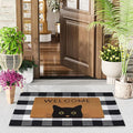 UINI Door Mat Combo Set, 28" x 43" Plaid Mat +17" x 30" Black Cat with Green Eyes Doormat, 2 PCS Welcome Mat Set for Front Door, Entrance, Porch Decor, Non-Slip