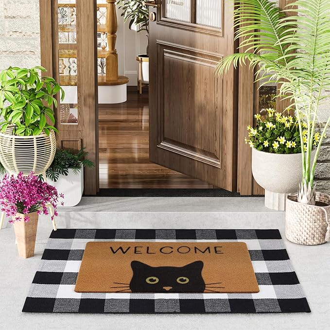 UINI Door Mat Combo Set, 28" x 43" Plaid Mat +17" x 30" Black Cat with Green Eyes Doormat, 2 PCS Welcome Mat Set for Front Door, Entrance, Porch Decor, Non-Slip