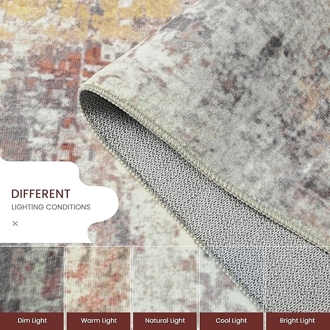 Ompaa Living Room Rug 5x8 Beige Area Rug Machine Washable Boho Rug Non Slip Abstract Vintage Indoor Large Rugs for Bedroom, Classroom, College Dorm, Farmhouse, Dining Room, Kids Playroom