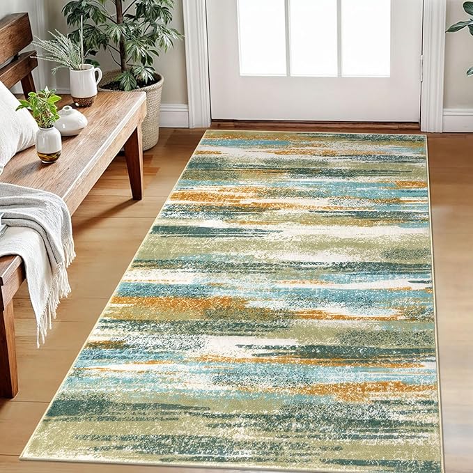 Lansny Modern Abstract Small Area Rug Indoor 3x5 Washable Rug Non-Slip Soft Entryway Rug Green Mustard Multi Kitchen Mats Thin Print Faux Wool Floor Carpet Throw Rugs for Entrance Bedroom Home Decor