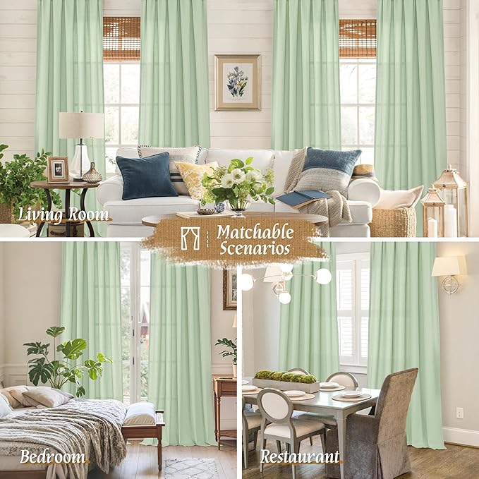 LAMIT Natural Linen Curtains for Bedroom, 72 Inch Faux Linen Textured Light Filtering Drapes Rod Pocket Window Treatment Panels for Living Room, Set of 2 Panels, 52 x 72 Inch, Light Green