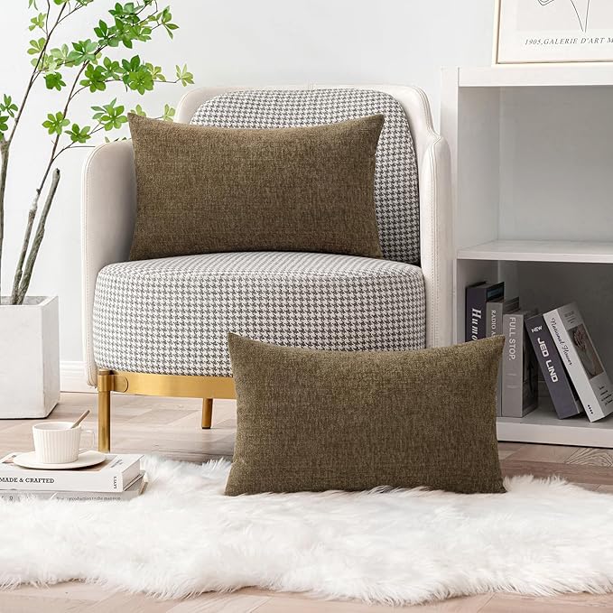 MIULEE Pack of 2 Coffee Throw Pillow Covers 12x20 Inch Soft Chenille Lumbar Pillow Covers for Sofa Living Room Couch Solid Dyed Cases
