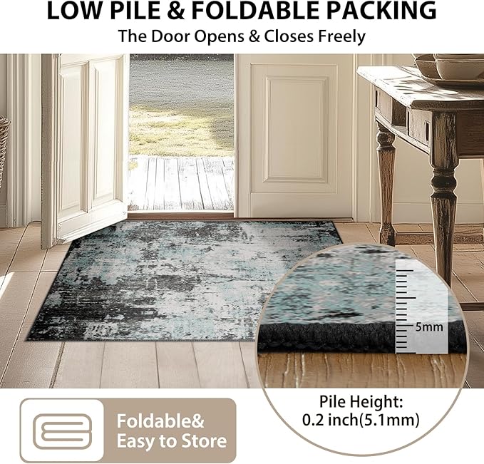 Washable Area Rugs 7'x9' Non-Slip Modern Abstract Soft for Living Room Entryway Bedroom Nursery, Print Pattern, Blue Black Teal