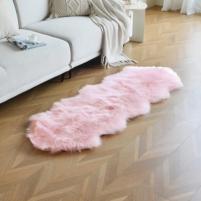 duduta Pink Faux Sheepskin Runner Rugs 2x6 ft, Fluffy Shag Bedroom Rug Fur Couch Sofa Covers Washable