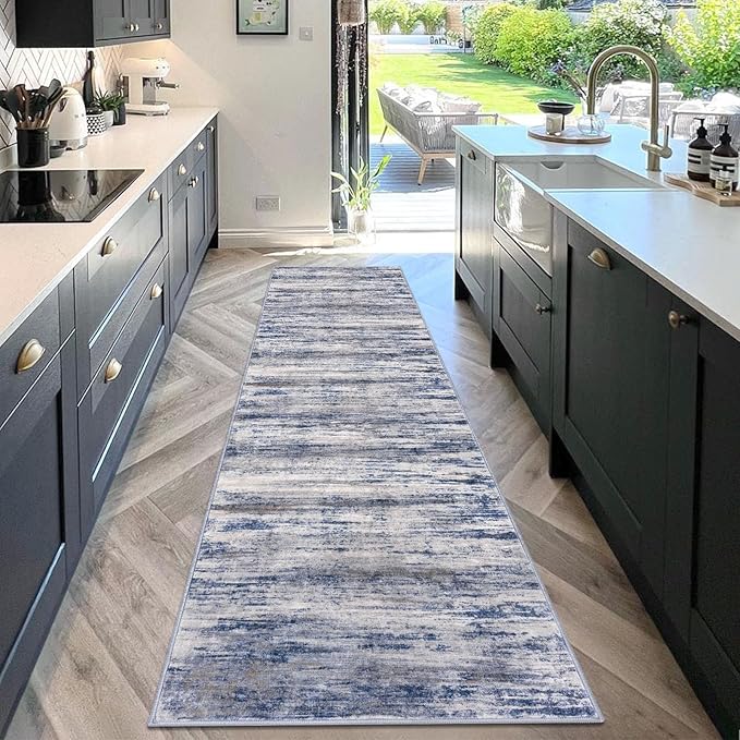KOZYFLY Modern Abstract Washable Rug Runner 2.6x10 Hallway Rug Runner Non-Slip Soft Kitchen Runner Rugs, Grey-Blue Striped Carpet for Entryway Bathroom Laundry Room Foyer