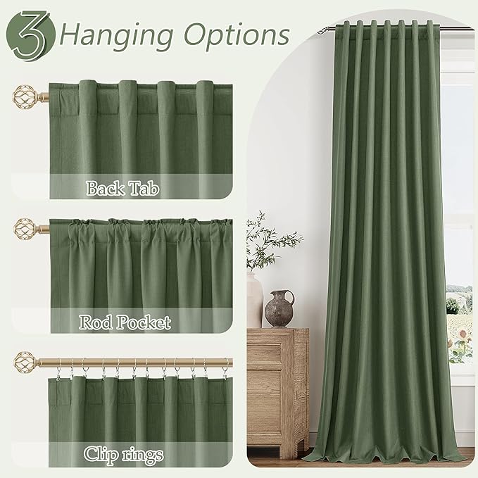 Guken Olive Green 100% Blackout Curtains 63 Inch Length 2 Panels Set for Living Room Bedroom Back Tab Thermal Insulated Black Out Linen Drapes Room Darkening Window Curtains 63 Inches Long