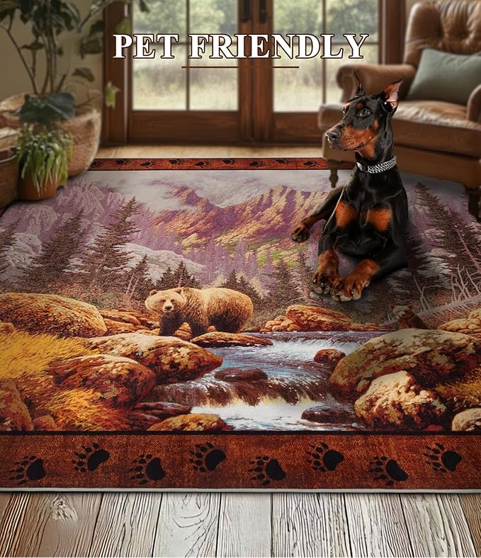 YIHOUSE Rustic Cabin Area Rug for Bedroom 6x9,Machine Washable Woodland Bear Rug,Non-Slip Low Pile Print Pattern Wildlife Rug for Living Room