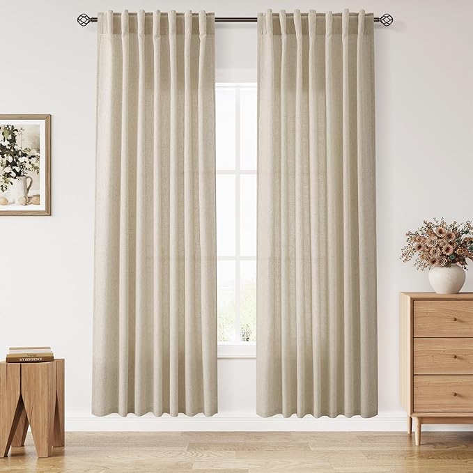 Eggshell Beige Linen Curtains 80 Inch Length for Living Room Light Filtering Semi Sheer Curtain Back Tab Rustic Farmhouse Decor Burlap Luxury Boho Drapes for Bedroom Dinner Room 52x80, 2 Panels