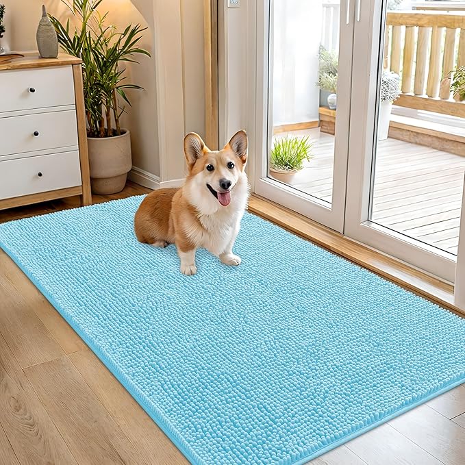 OLANLY Dog Door Mat for Muddy Paws 54x32, Absorbs Moisture and Dirt, Absorbent Non-Slip Washable Doormat, Quick Dry Chenille Mud Mat for Dogs, Entry Indoor Entryway Carpet for Inside Floor, Blue